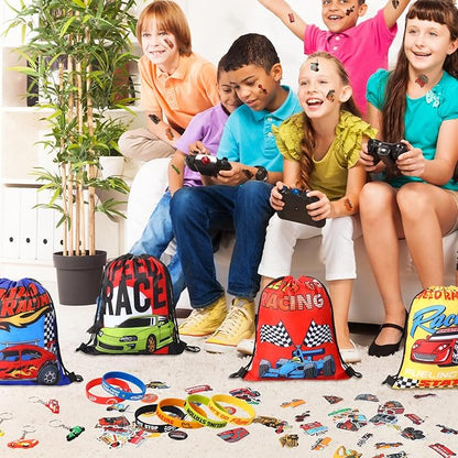 Sadnyy 140 Pcs Race Car Party Favors Birthday Party Decorations Supplies Drawstring Bags with Silicone Bracelets Keychains Straws Button Pins Stickers for Classroom Rewards Goodie Bags Stuffers