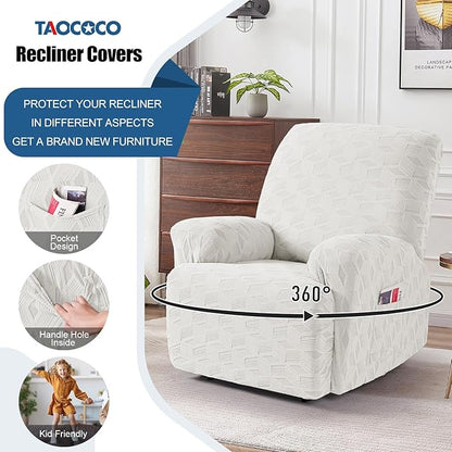 TAOCOCO Oversized Recliner Cover Stretch Recliner Chair Covers, Jacquard Reclining Chair Cover, Furniture Protector Sofa Slipcovers Couch Covers with Elastic Bottom for Kids, Pets(Cream White)