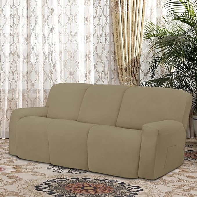 Easy-Going 8 Pieces Microfiber Stretch Sectional Recliner Sofa Slipcover Soft Fitted Fleece 3 Seats Couch Cover Washable Furniture Protector with Elasticity for Kids Pet(Recliner Sofa, Dark Linen)