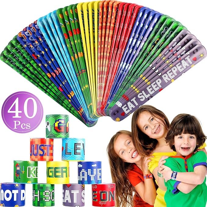 Blulu 40 Pcs Video Game Slap Bracelets Pixelated Party Pixelating Party Wristbands Supplies, Pixelating Snap Bracelets for Kids Gamer Birthday Party Favors (10 Style)