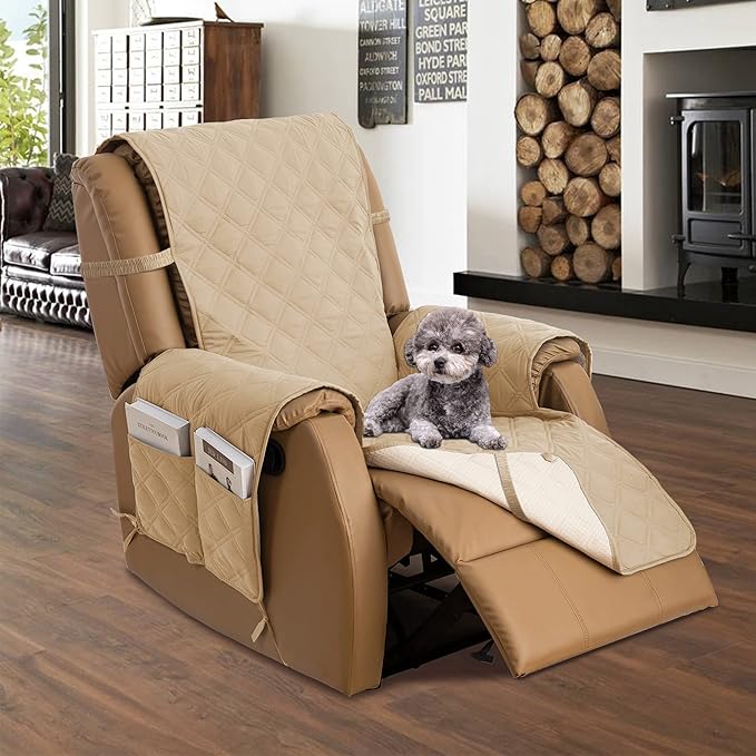 TOMORO Non-Slip Quilted Recliner Cover, 100% Waterproof Recliner Chair Slipcover Furniture Protector with Pockets, Washable Couch Cover with Elastic Straps for Kids and Pets，23 Inch
