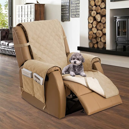 TOMORO Non-Slip Oversized Recliner Cover, 100% Waterproof Quilted Recliner Chair Slipcover Furniture Protector with Pockets, Washable Couch Cover with Elastic Straps for Kids and Pets