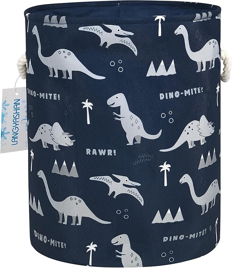 LANGYASHAN Laundry Basket Canvas Collapsible Organizer Storage Basket for Boys Girls Laundry Hamper Toy Bins Gift Baskets Bedroom Clothes Children Nursery (Blue Dinosaur)