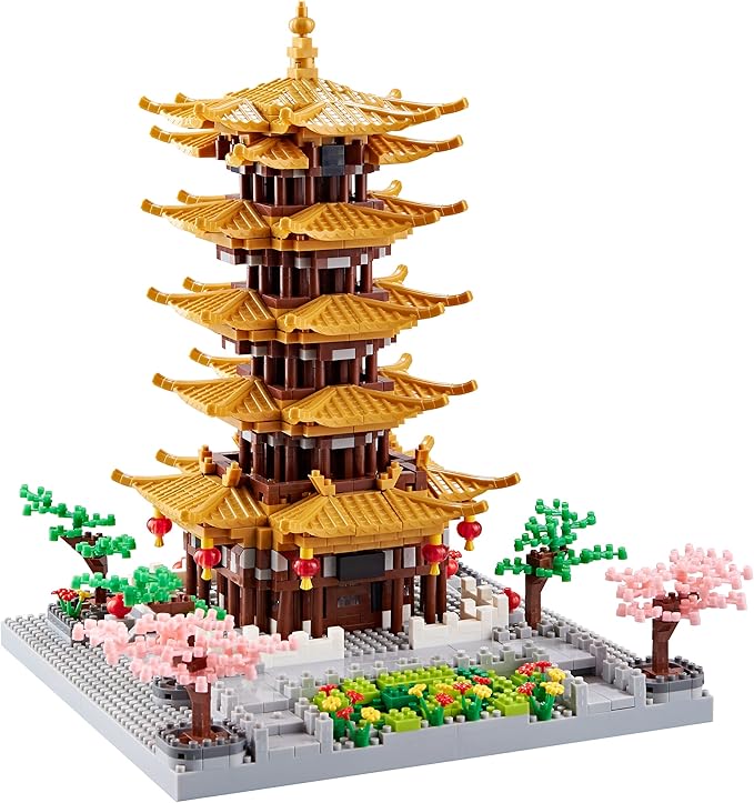 Chinese Ancient Famous Architecture Micro Building Blocks Set for Adults Yellow Crane Tower with Sakura Tree Cherry Plants, Toys for Kids Age of 14+ 2200 pcs