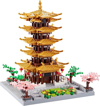 Chinese Ancient Famous Architecture Micro Building Blocks Set for Adults Yellow Crane Tower with Sakura Tree Cherry Plants, Toys for Kids Age of 14+ 2200 pcs