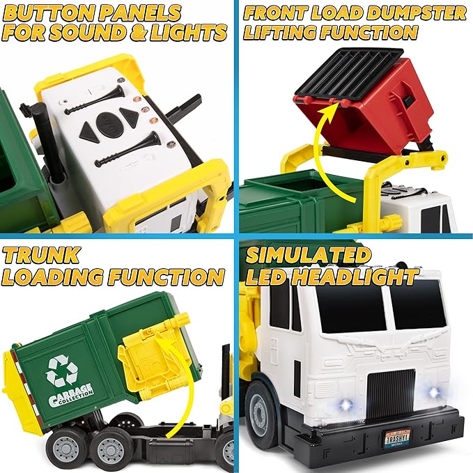 JOYIN Large Friction Powered Garbage Truck Toy Set, Includes 1 Dumpster, 3 Trash Bins, and 30 Learning Cards for Kids, Boy Toys Birthday Gift, Green