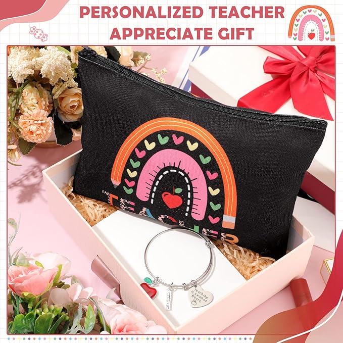 8 Pcs Teacher Appreciation Gift Set for Women, 4 Teacher Makeup Pouch Cosmetic Bags and 4 Bangle Bracelets, Christmas Valentines Thank You Gifts for Teacher (Rainbow Style)