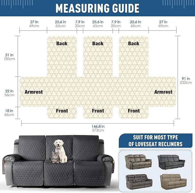 TAOCOCO 100% Waterproof Recliner Sofa Cover-Non Slip Split Couch Covers for Reclining Couches with Elastic Straps,Couch Covers for 3 Cushion Couch Sofa Pet Friendly(Black Gray, 3 Seater)