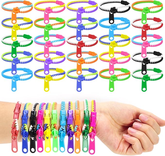 50 PCS Friendship Fidget Zipper Bracelet, 7.67 Inch Neon Colors Sensory Bracelet Bulk Set, Party Toys for Birthday, Christmas Goodie Bags, Small Prizes