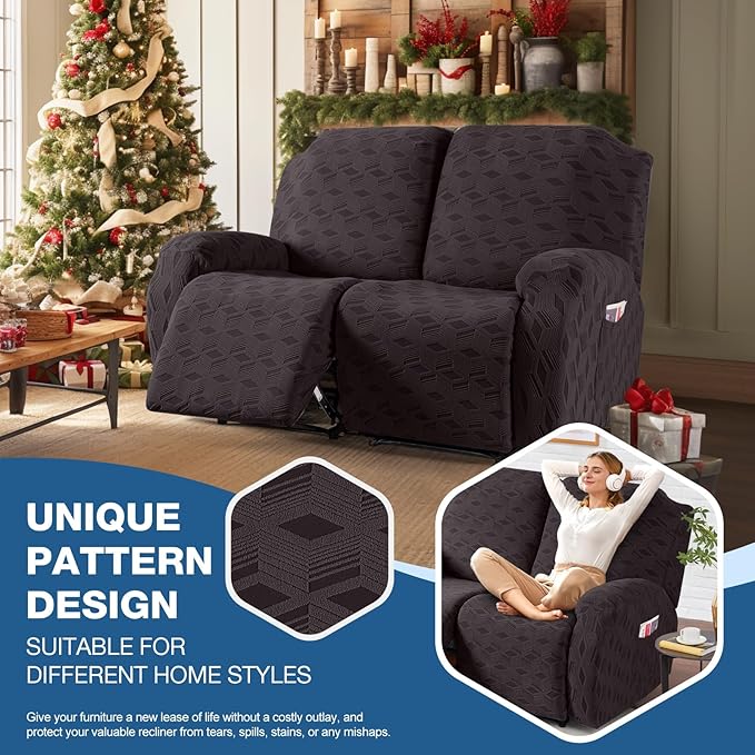 TAOCOCO Recliner Loveseat Cover, Stretch Jacquard Reclining Loveseat Cover Furniture Protector Sofa Slipcovers 2 Seat Recliner Covers with Elastic Bottom for Kids, Pets (Chocolate)