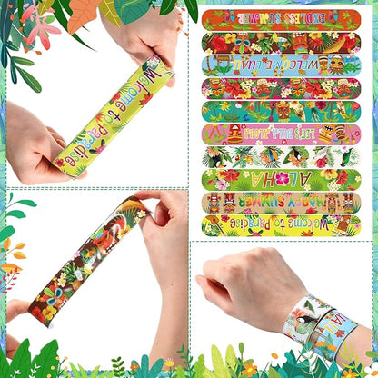 Civaner 40 Pieces Luau Party Favors Hawaiian Theme Slap Bracelets Aloha Party Decorations Tiki Snap Bracelets for Kids Summer Tropical Birthday Party Supplies Pool Beach Birthday Gifts 10 Styles