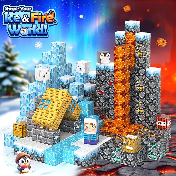 Gooidea Large Magnetic Blocks 110PCS Ice Fire World Inspired Playset Kids Magnet Toys 1 inch Building Cubes Magworld Add-on Building Craft Sensory Toys Game Gifts for Kids Ages 3-5 4-6 5-7 8-12