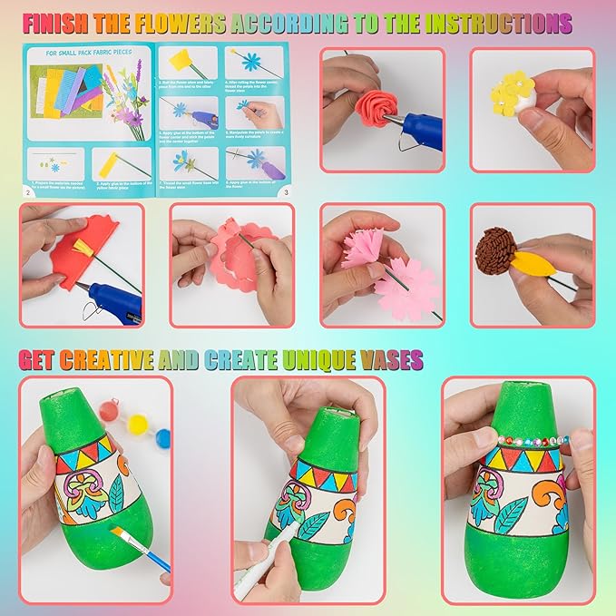 FTBox Crafts Kit for Girls Ages 6-12, Felt Flowers Bouquet and Paint Vase Art Craft Project for Girls, DIY Activity Christmas Birthday Gift for Girls Age 6 7 8 9 10 11 12 Year Old (Ceramic Vases)