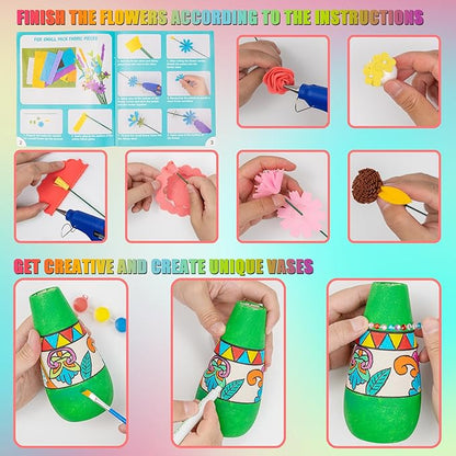 FTBox Crafts Kit for Girls Ages 6-12, Felt Flowers Bouquet and Paint Vase Art Craft Project for Girls, DIY Activity Christmas Birthday Gift for Girls Age 6 7 8 9 10 11 12 Year Old (Ceramic Vases)