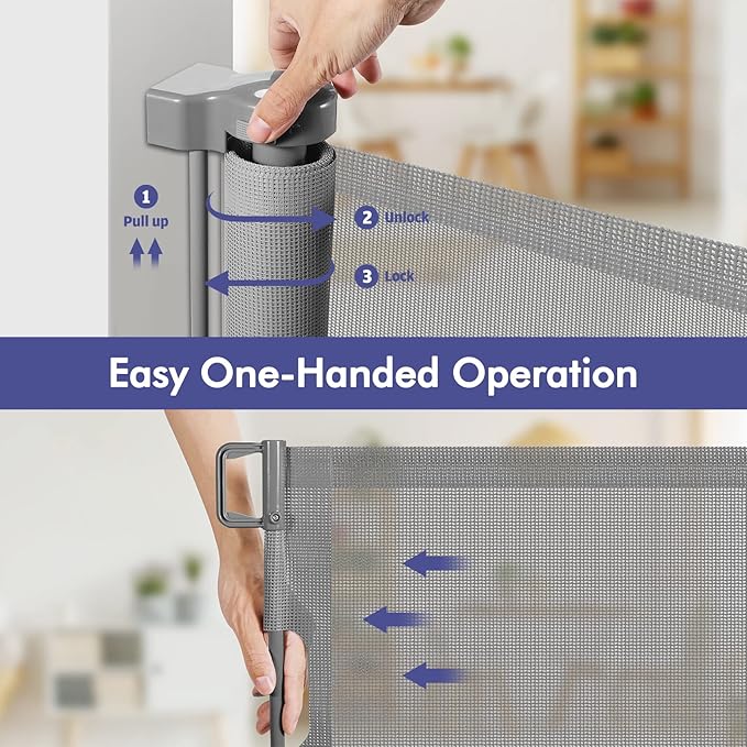 145 Inch Extra Wide Retractable Baby Gate for Large Openings Long Baby Gate Indoor Outdoor Mesh Baby Gate Retractable Gate Dog Gates for The House Extra Wide Retractable Dog Gate for Doorways, Gray