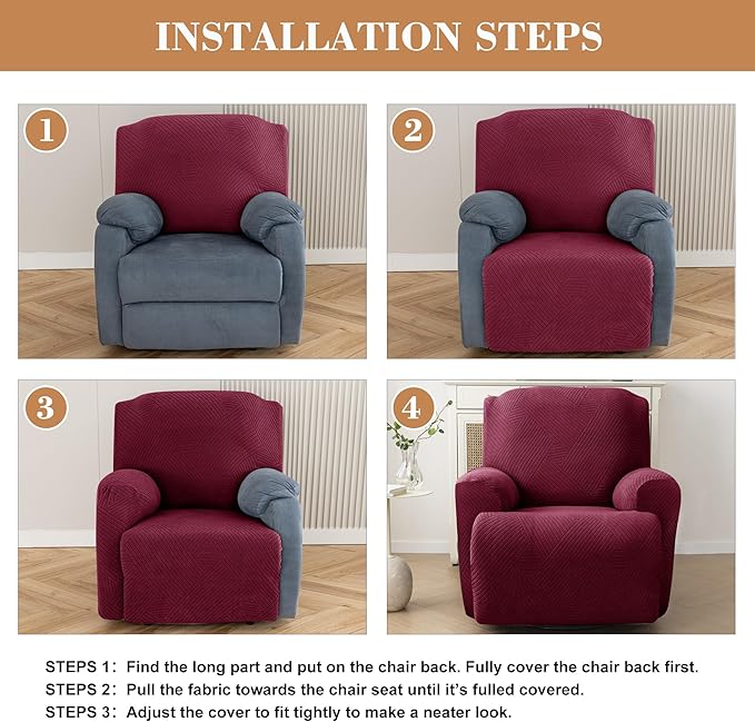 Jin Le Recliner Covers Striped Jacquard Recliner Couch Covers Recliner Sofa Slipcovers Furniture Protector Covers for Pet Kid with Elastic Straps Bottom-Wine