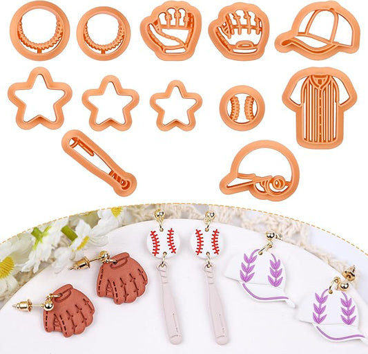 Puocaon Baseball Polymer Clay Cutters - 12 Pcs Sportswear Clay Cutters for Polymer Clay Jewelry, Star Baseball Cap Bat Clay Cutters for Earrings Making, Baseball Glove Polymer Clay Cutters for Earring