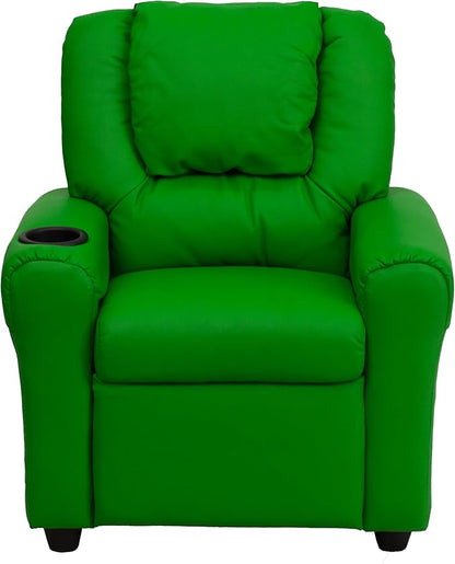 Flash Furniture Vana Vinyl Kids Recliner with Cup Holder, Headrest, and Safety Recline, Contemporary Reclining Chair for Kids, Supports up to 90 lbs., Green