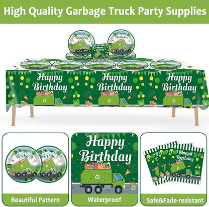 gisgfim Garbage Truck Birthday Party Supplies Trash Trucks Birthday Party Tableware Includes Party Plates Napkins Fork and Garbage Truck Theme Tablecloth for Birthday Parties Decorations Set Serve 20
