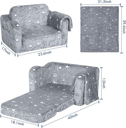 MeMoreCool Kids Dinosaur Couch, Foldable Toddler Chair, Glow in The Dark Convertible Sofa Bed, Fold Out Lounge for Boys Ages 1-3 in Playroom, Comfy Recliner Lounger (Grey)
