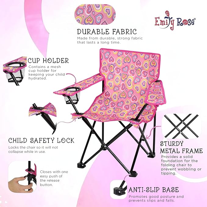 Emily Rose Kids Folding Chair | Beach Chair with Safety Lock- Camping Chair for Boyos Girls Toddler with Cup Holder & Carry Case- Tailgate, Travel, Lawn- for Indoor & Outdoor (Playful Hearts)