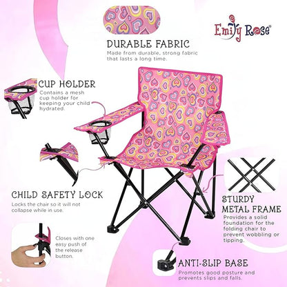 Emily Rose Kids Folding Chair | Beach Chair with Safety Lock- Camping Chair for Boyos Girls Toddler with Cup Holder & Carry Case- Tailgate, Travel, Lawn- for Indoor & Outdoor (Playful Hearts)