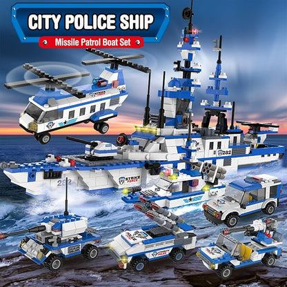 EP EXERCISE N PLAY 1169 Pieces Police Ship Building Blocks Kit with Cop Car Helicopter Patrol Boat for Boys and Girls Age 6-12