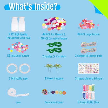 SpriteGru Flower Craft Kit for Kids, Make Your Own Flower Bouquet with Buttons and Colorful Petals, Art Vase and Craft DIY Activity Gift for Boys & Girls Age 4 5 6 7 8 9 10 Year Old (2 Glass Vase)