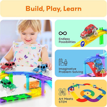 PicassoTiles 3 Magnetic Toy Cars Set Light Up LED Highly Detailed Compatible with Magnet Car Race Track STEM Truck Replacement Accessories Educational Building Kits for Toddlers Boys & Girls Ages 3+