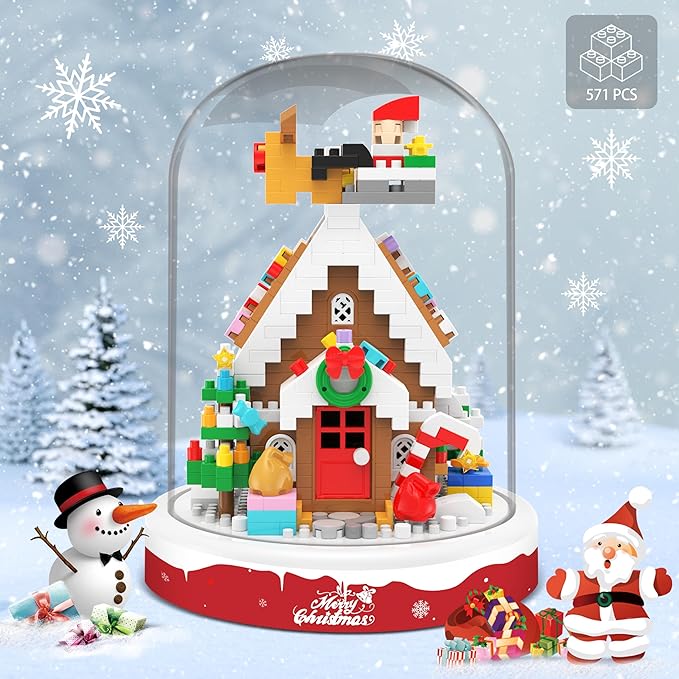 Christmas Gingerbread House Building Blocks Toy, 571 Pcs Building Sets Christmas Decoration with Dust Cover, Mini Building Kit, Holiday Display Gift for Christmas, Stocking Stuffers for Kids Adults