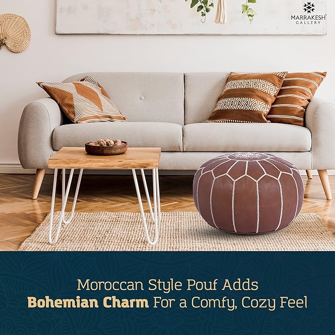 Marrakesh Gallery Genuine Leather Round Pouf Unstuffed - Moroccan Ottoman Footstool, Footrest Cover - Boho Decor - Bohemian Living Room, Bedroom, Kids Room, Gift & Wedding