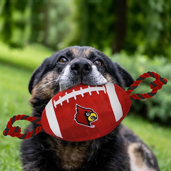 Pets First NCAA Louisville Cardinals Football Dog Toy, Tough Quality Nylon Materials, Strong Pull Ropes, Inner Squeaker, Collegiate Team Color