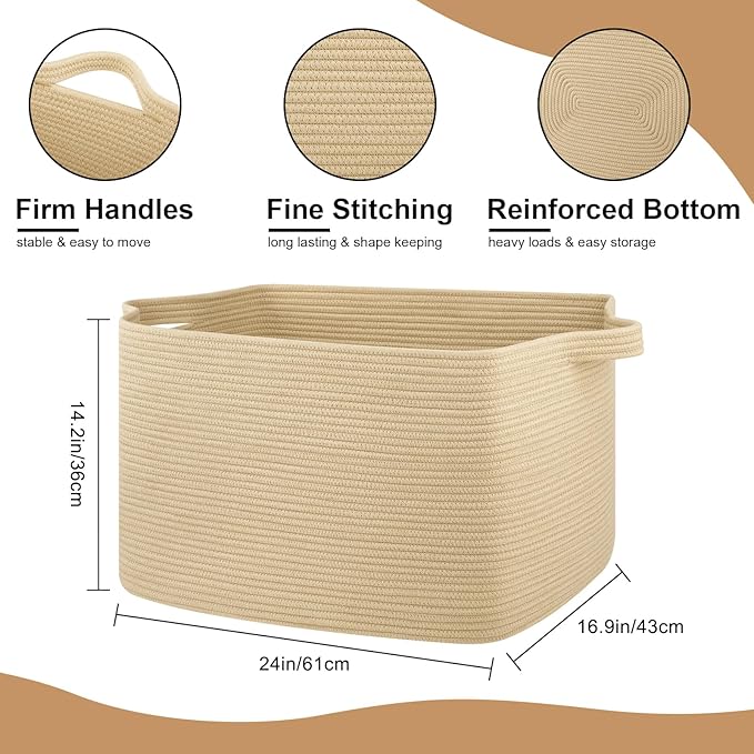 OIASKET 95L Extra Large Blanket Basket, 24" x 16.9" x 14.2" Woven Storage Basket for Living Room, Rectangle Nursery Blanket Storage for Toys, Towels, Dirty Clothes (Jute)