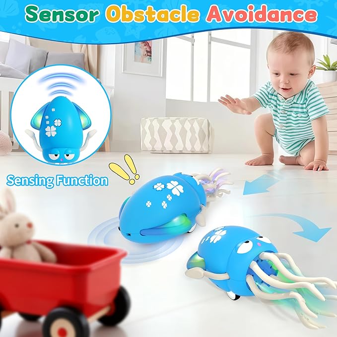 Electric Dancing Octopus Light Music Suitable for 12-18 Months Old Baby Toys, Kid Crawling Squid Toys Suitable for Toddler Tummy Time, Christmas Birthday Gifts for 1 2 3 4 5 6 Year Old Boy (Blue)