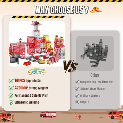 141PCS Magnetic Tiles for kids, Fire Rescue Theme Magnet Tiles with Fire Station & Fire Rescue Vehicles, STEM Magnetic Tiles for Kids Ages 4-8, Preschool Educational Building Toys for Boys & Girls