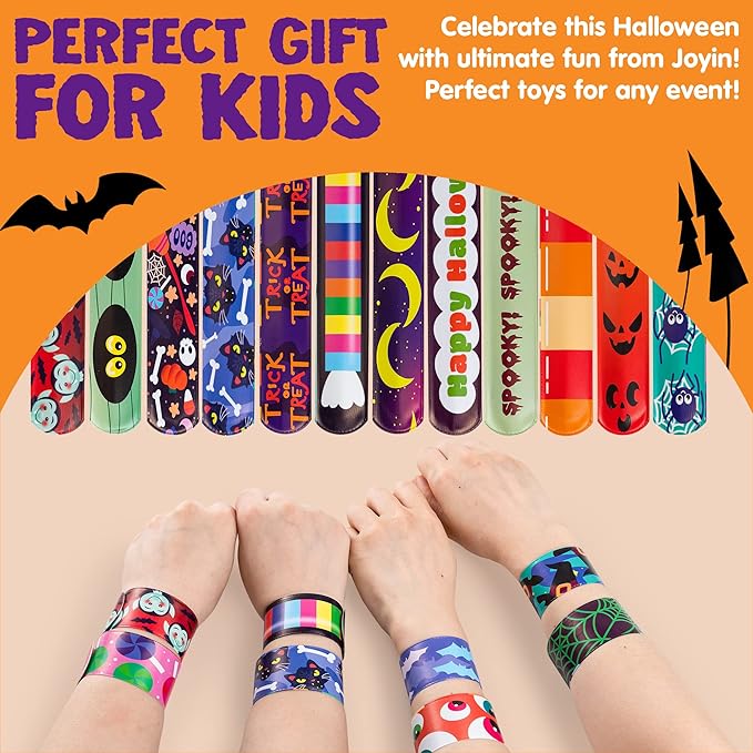 JOYIN 120 PCS Halloween Slap Bracelets Party Favors for Kids - 24 Designs Bracelets for Halloween Decorations, Halloween Treat Bag Stuffers, Non-candy Gift