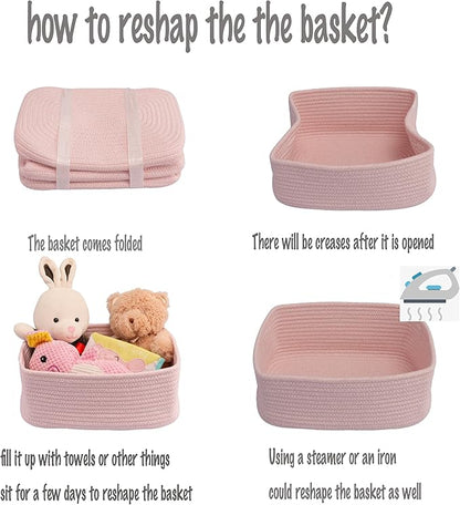 XUANGUO Small Woven Storage Baskets 12“X8”X5“ Decorative Rope Bins for Organizing Shelves, Closets, and Toys, Empty Gift Baskets, Cute Organizer Basket for Home and Office (pink, regular)