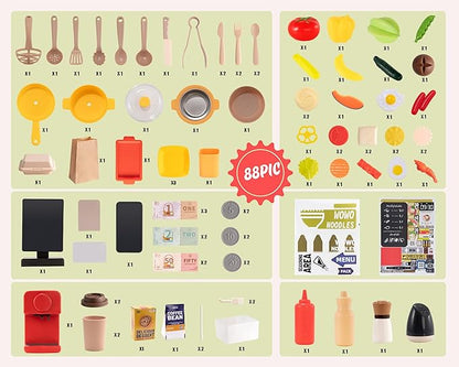 Kids Kitchen Play Set，Interactive Kids Kitchen Play Set with 88Pcs of Kitchen Toys，Realistic Sound Effects，and Simulated Functionality - Suitable for Toddlers (Yellow Kitchen Play Set)