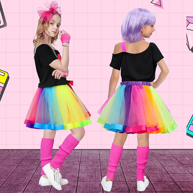 27pcs Kids 80s Outfit Costume Girls 80s Wig Legwarmers Shirt Dress Glasses Earrings Accessories Halloween Party Supplies