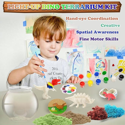 THINKKIE Dinosaur Light-Up Terrarium Kit for Kids- Christmas Birthday Gift for Boys Ages 4 5 6 7 8-12 Year Old- Dinosaur Painting Crafts Kits - Dinosaur Arts and Crafts for Kids