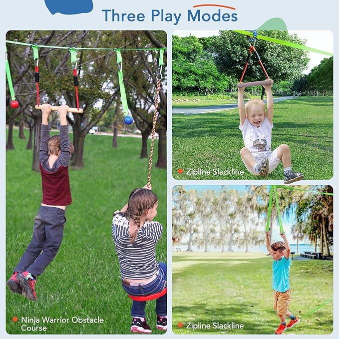 2-in-1 Ninja Warrior Obstacle Course with Zip Line for Kids & Adults, Transformable Backyard Slackline Kit, Outdoor Play Set with Swing, Climbing Obstacles & Flying Seat, Easy Setup, Heavy Duty