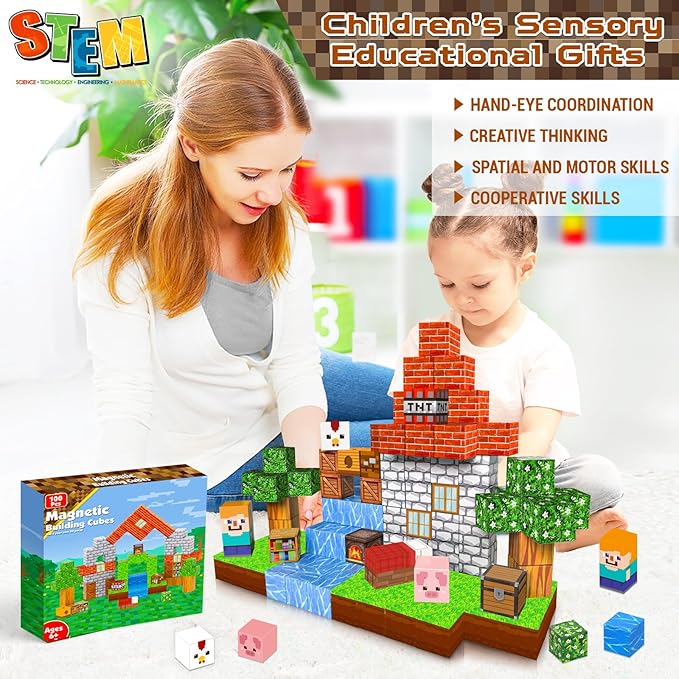 Annexfun Magnetic Blocks-100PCS Grassland Building Blocks Set, Kids Classroom Sensory Toy, STEM Learning, Construction Stacking Toy for Kids 3+ Boys & Girls Easter Christmas Birthday Gifts
