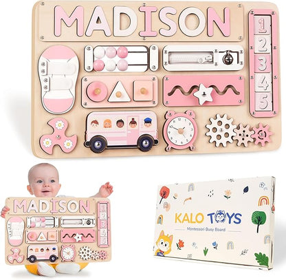 KALOTOYS Personalized Large Busy Board for Toddlers - Montessori Busy Board - Montessori Toys for 1 Year Old Baby Boys Girls - Sensory Toys for Toddlers 1-3 - Peronalized Baby Gift