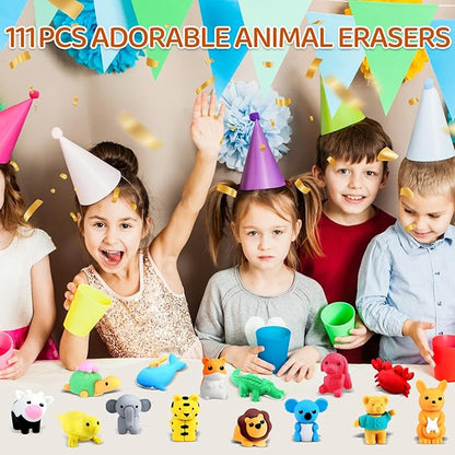 URSKYTOUS 111Pcs Animal Erasers Desk Pets for Kids Animal Pencil Erasers Bulk Puzzle Eraser Toys Gifts for Classroom Prizes,Game Reward,Treasure Box,Easter Egg Fillers,Goodie Bag Stuffer,Party Favors