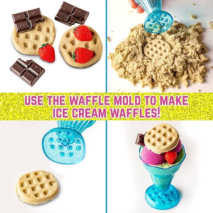 GirlZone Ice Cream Shop Play Sand for Kids, 22pcs Moldable Sand Kit - Serving Tools, Glasses, Spoon, Decorations, Stickers & 2lbs Colorful Sand, Fun Kids Sensory Toys, Ideal Easter Gifts for Kids