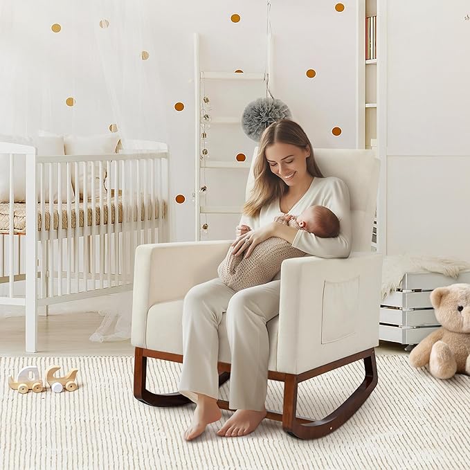 Yaheetech Rocking Chair, Modern Glider Chair, Recliner Armchair with Wood Legs and Side Pocket, Nursery Rocking Accent Chair with High Back for Living Room Bedroom, Beige