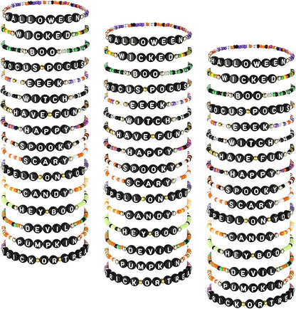 48 Pcs Colorful Kids Friendship Bracelet Set Adjustable Beads Bracelets Cute Friendship Princess Pretend Play Bracelet Stretch Beaded Bracelet Preppy Bracelets Set for Girls Women (Spooky)