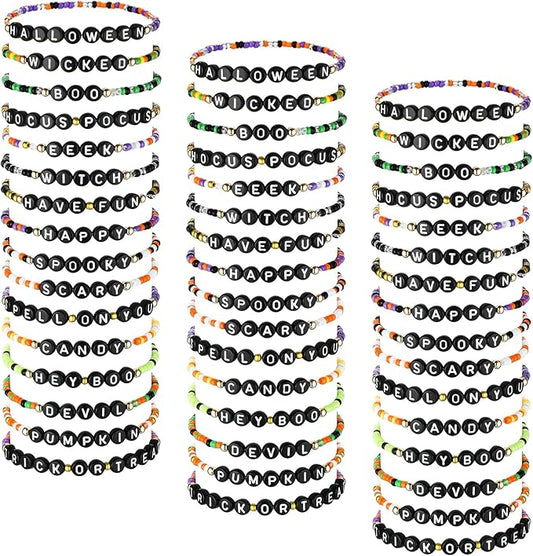 48 Pcs Colorful Kids Friendship Bracelet Set Adjustable Beads Bracelets Cute Friendship Princess Pretend Play Bracelet Stretch Beaded Bracelet Preppy Bracelets Set for Girls Women (Spooky)