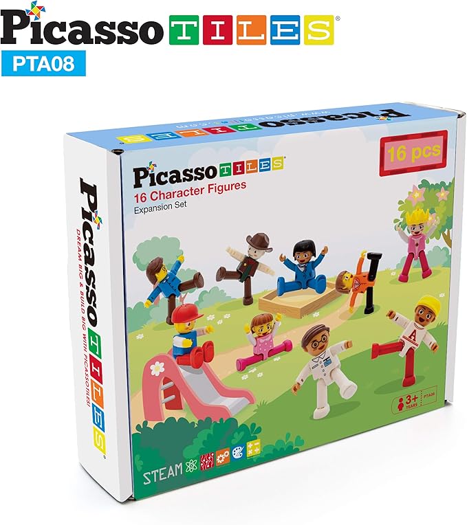 PicassoTiles 16 Piece Character Action Figures Toddler Toy Set Expansion Pack Magnetic Construction Blocks STEM Pretend Play Toys Building Tiles PTA08
