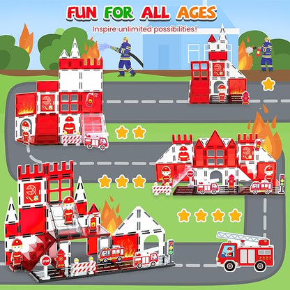 cossy Magnetic Tiles Firefighter Set, Magnet Tiles with Firefighter, Magnetic Tiles for Kids Ages 4-8, STEM Toys, Toys for 3 4 5 6 7 8 Year Old Boy and Girl, Creative Building Toys, Firefighter